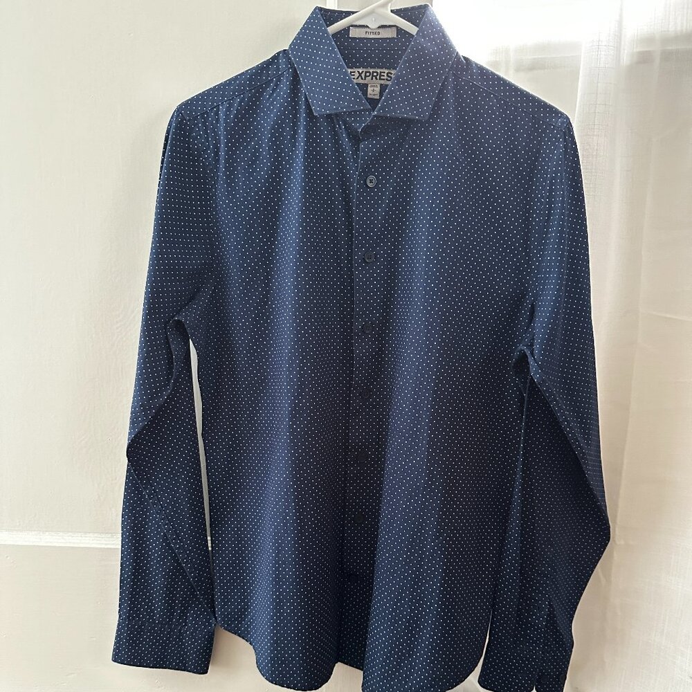 Express Fitted Navy Blue Polka Dot Button-Down Shirt - Size Small